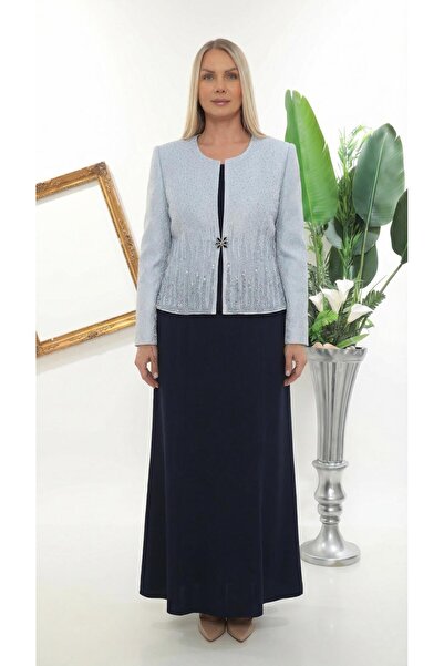 MİSS DİAMOND سترة أنيقة مطرزة بالحجر باللون الأزرق الداكن مع تنورة طويلة مجمو...