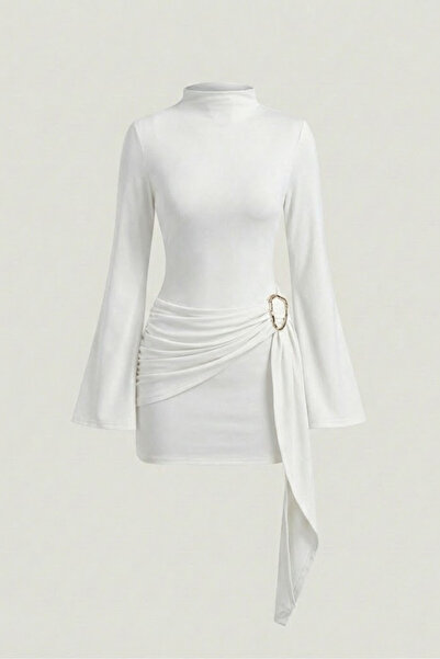 World Fashion Trends Ekru Women's Mock Neck Buckle Detailed Belted Shaping / ...