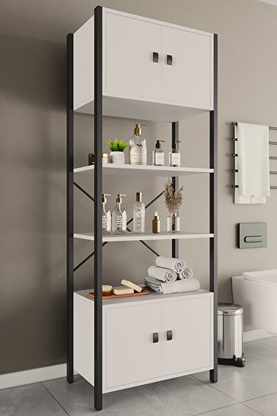 Tedarikcenter 4 Kapaklı 5 Raflı Banyo Malzeme Dolabı Dekoratif Çok Amaçlı Ban...