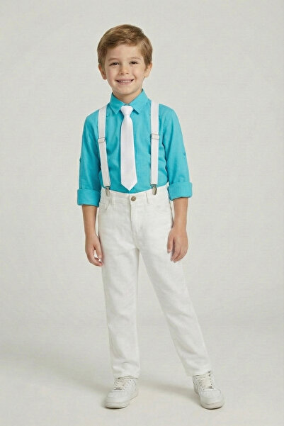 FATELLA Момчешка тюркоазена риза с дълги ръкави, бели панталони, бели тиранти...