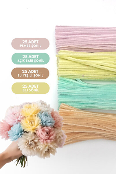 Bimotif 100lü tüylü tel şönil, Pastel Makaron Renkleri, 30 cm (25er adet Bej,...