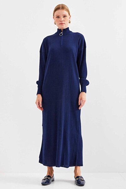 Cannes Reva Half Zippered Corded Fabric Navy Blue Knitwear Dress