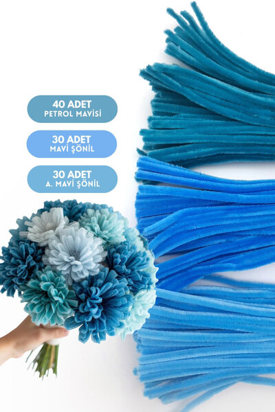 Bimotif 100lü tüylü tel şönil, 30 cm (40 adet Petrol Mavisi, 30 adet Mavi, 30...
