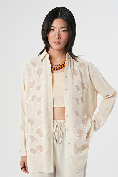 Orfeo Negro Women's Leaf Embroidery Embroidered Cotton Linen Blend O Oversize...