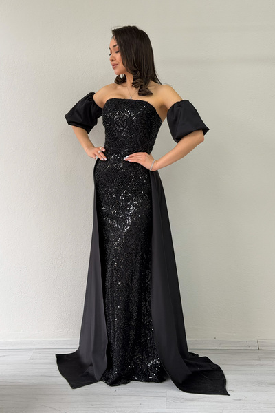 the ZKS Kadın Saten Kuyruklu Çıkarılabilir Kol Detaylı Abiye Elbise Gold, Lac...