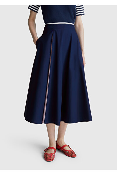 United Colors of Benetton Women's navy blue cotton blend pleated midi skirt
