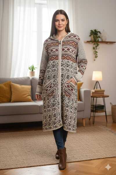Uludağ Triko Women's Stone Patterned Hooded Cardigan