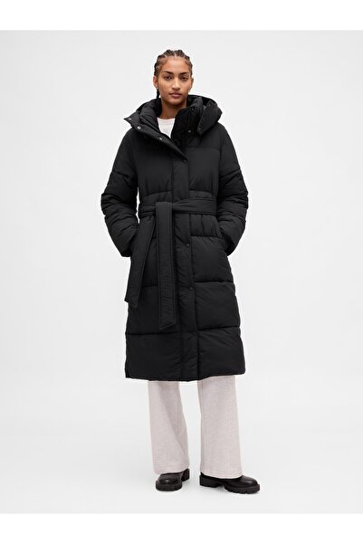 GAP Kadın Siyah Belted Long Puffer Şişme Kaban