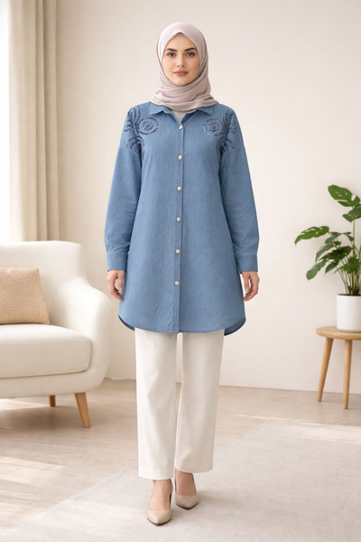 Kirazgym Women's Buttoned Sequined Denim Shirt - Light Blue