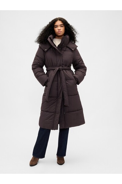 GAP Kadın Koyu Kahverengi Belted Long Puffer Şişme Kaban