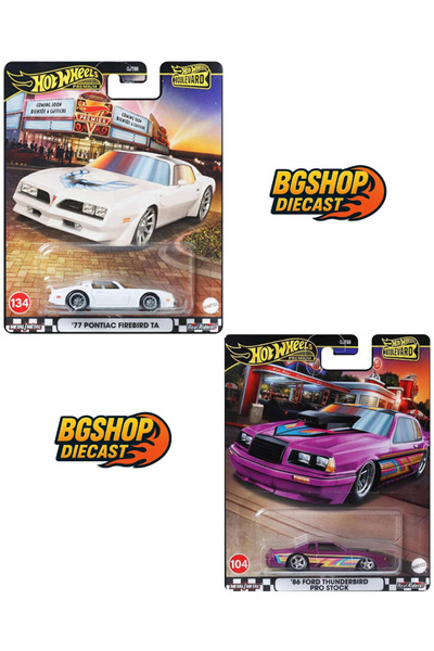 HOT WHEELS Boulevard Premium - 86 Ford Thunderbird Pro Stock - ’77 Pontiac Fi...