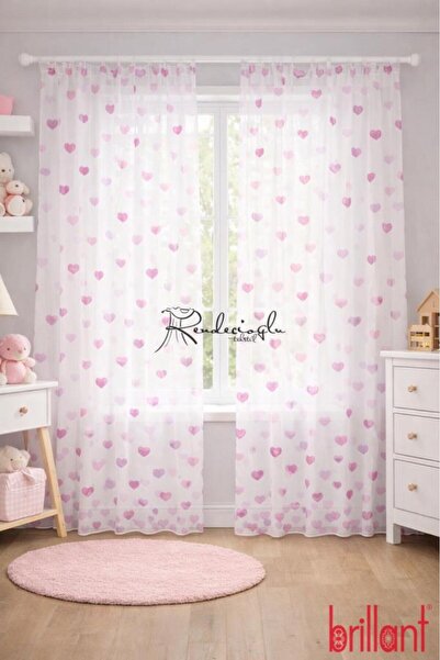 rendecioğlutekstil Tül Perde Kalp Motifli Çocuk Odası Perdesi Örme Kumaş Bril...