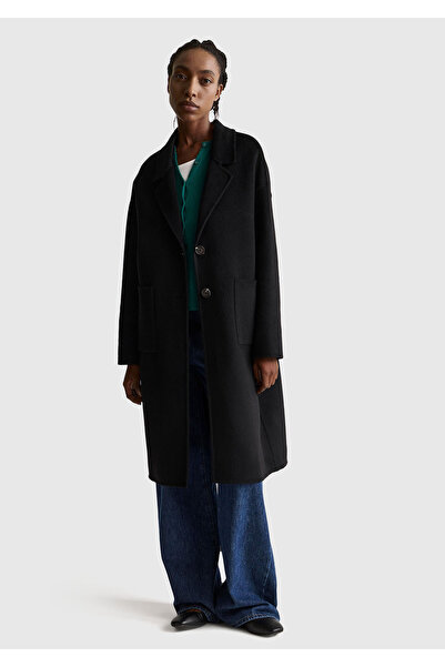 United Colors of Benetton Women's Black Wool and Viscose Blend Buttoned Coat ...