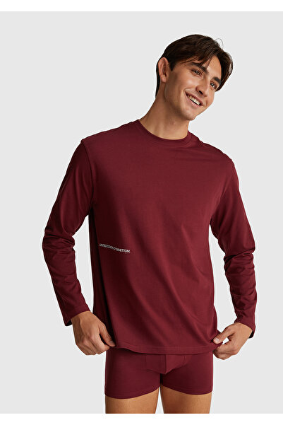 United Colors of Benetton Men's Burgundy 100% Cotton Logo Detailed Pajama Top