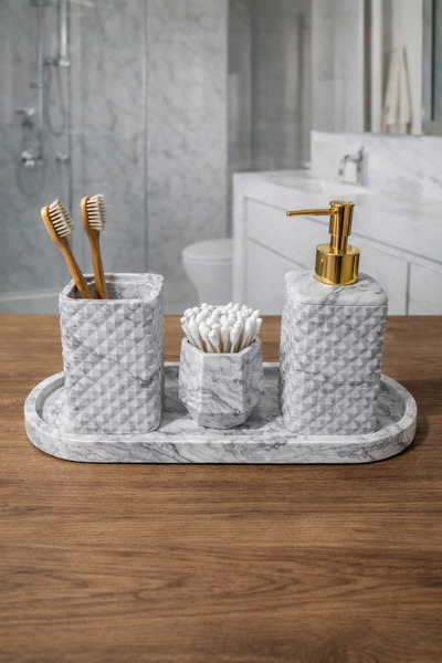 lufen deco Mermer Desenli 4’lü Banyo Seti Sıvı Sabunluk Diş Fırçalık Beton De...