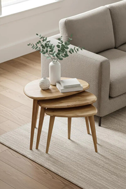 Fawdecor Minimalist Oval Tasarım Masif Doğal Ahşap 3'lü Zigon Sehpa Seti – Ah...