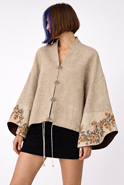 Nulivez Beige Kimono Jacket with Embroidery Detail – Relaxed Fit Wide Sleeve ...