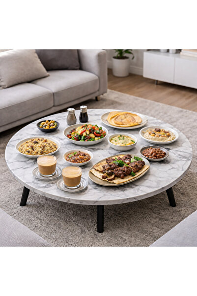 ENFERA DOĞAL TAŞ 80 cm Beyaz Mermer Desenli Yer Sofrası – Alçak Ayaklı Sade T...