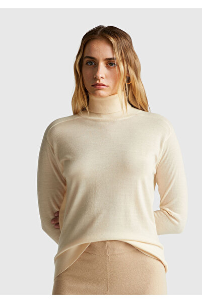 United Colors of Benetton Women's powder pink 100% wool ribbed turtleneck swe...