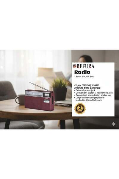 REFURA راديو محمول مزود باستقبال ثلاثي الموجات وغطاء أمان جلدي