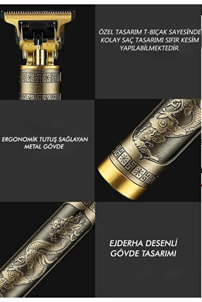 FeyzaDesign Gold Ejderha Şarjlı Saç Sakal Kesme Makinesi, Sıfır Kesim Teknikli