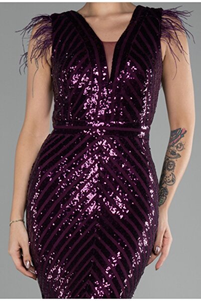 esmodaabiye ABİYE-Mürdüm Uzun Pul İşlemeli Otrişli Abiye Elbise