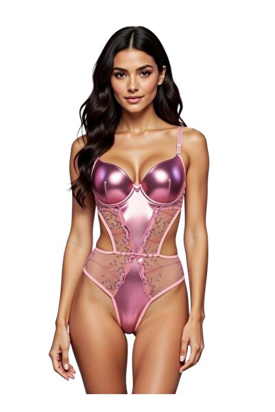 inspira lingerie Lace Leather Khaki Transparent Snap Fastener Bra Bodysuit