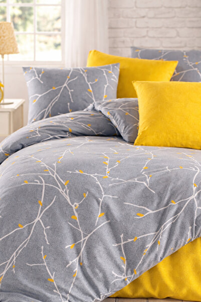 Cottonest Branch Patterned Gray-Yellow Duvet Cover Set Double Size