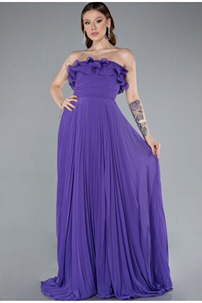 esmodaabiye ABİYE-Mor Straplez Piliseli Uzun Şifon Mezuniyet Elbisesi