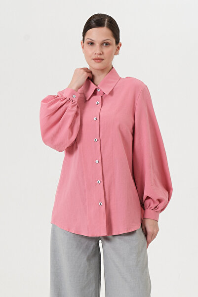 RELAXL Ofis Şıklığı %100 Pamuk Balon Kol Kadın Pembe Gömlek