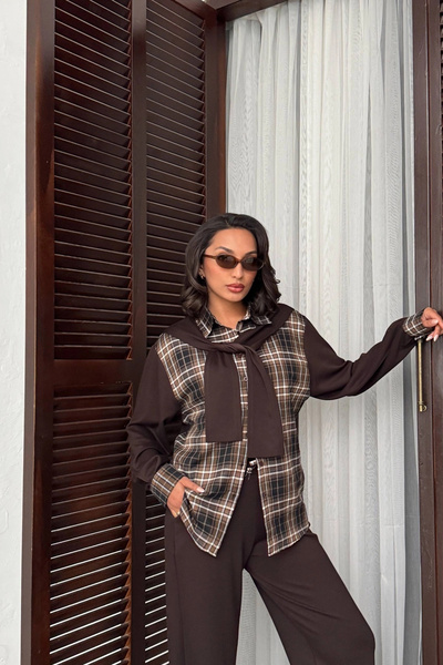 URİS Women's Brown Shoulder Tie Plaid Shirt and Trousers 2 Piece Set