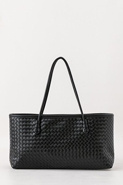 Paul Brand Geantă de umăr Treccia, neagră, din paie, cu model împletit, de di...