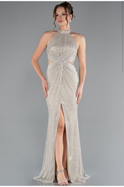 esmodaabiye ABİYE-Bej Halter Yaka Bacak Dekolteli Uzun Simli Abiye