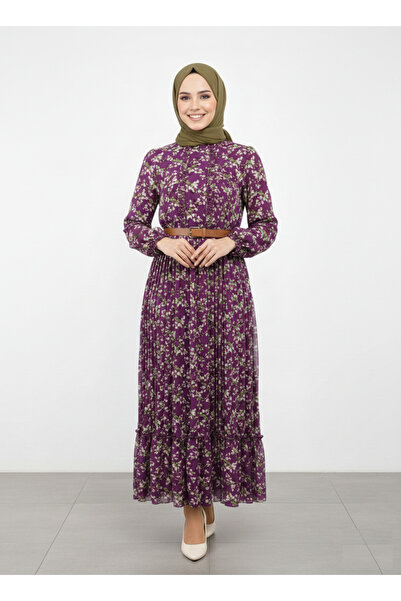 Store Şifon Uzun Mor Tesettür Elbise