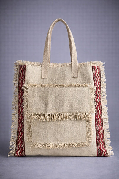 Nulivez Linen-Look Tote Bag with Tassels – Ethnic Striped Detail Shoulder and...