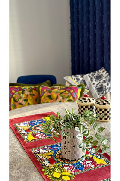 Nef’s Atelier مفرش طاولة مزخرف بنمط الليمون باللون الأحمر الداكن - مفرش طاولة...