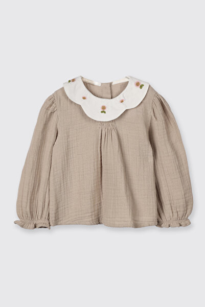 Panço Kız Bebek Nakışlı Müslin Bej Bluz
