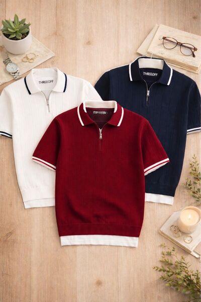 threeoff Erkek 3'lü Polo Yaka Triko Dokulu Regular Pamuklu Çok Renkli T-shirt