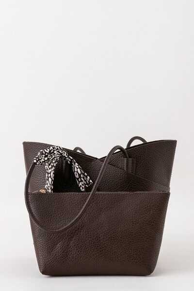 Paul Brand Terra Flar Detailed Soft Leather-Look Large Volume Makeup Bag Coffee Women's Tote Shoulder Bag