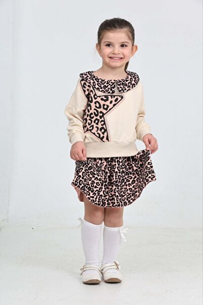 ARBİ kids Girl's Pleated Leopard Print Peter Pan collar Skirt Stylish Set
