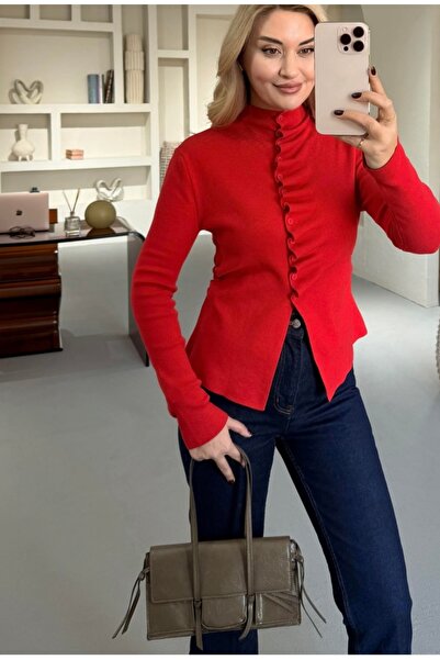 CADDELAMODA Mock Neck Draped Knitwear Cardigan