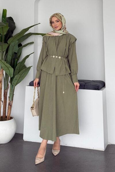 Şulemoda Giyim Banu Jileli Vest Set Dress Khaki