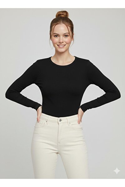 serkertaş Woman's black long-sleeved bicycle collar long viscose blouse