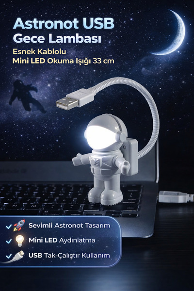 Hane Dostu Astronot USB Gece Lambası Esnek Kablolu Mini LED Okuma Işığı 33 cm