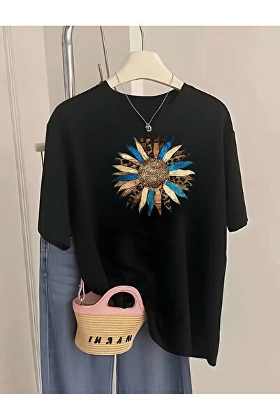 FUFLUNS Sunflower Printed Women's Oversize Crewneck T-Shirt