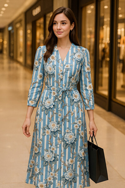 Borncelebs Premium Cotton Maxi Dress in Powder Blue Bloom Print | Everyday Es...