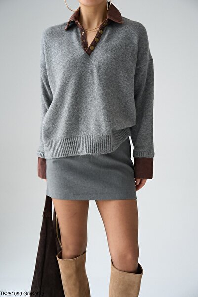 Qu Style Denim Detaylı Gömlek Yaka Manşetli Kazak Gri