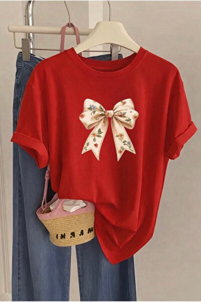 FUFLUNS Flowered Ribbon Printed Oversized Crew Neck T-Shirt