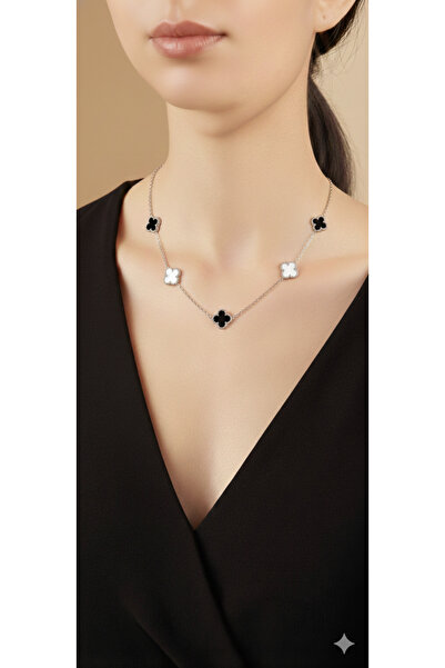 Shae Jewelry 5'li Siyah ve Beyaz Renk Yonca Model Kolye ve Bileklik Paslanmaz...