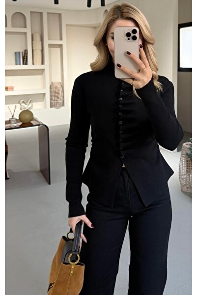 CADDELAMODA Mock Neck Draped Knitwear Cardigan